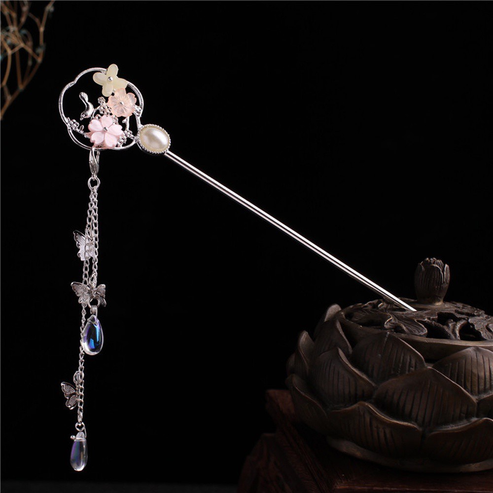 Trâm cài tóc tua rua hình hoa đính ngọc trai phong cách Trung Hoa cổ điển cho nữ