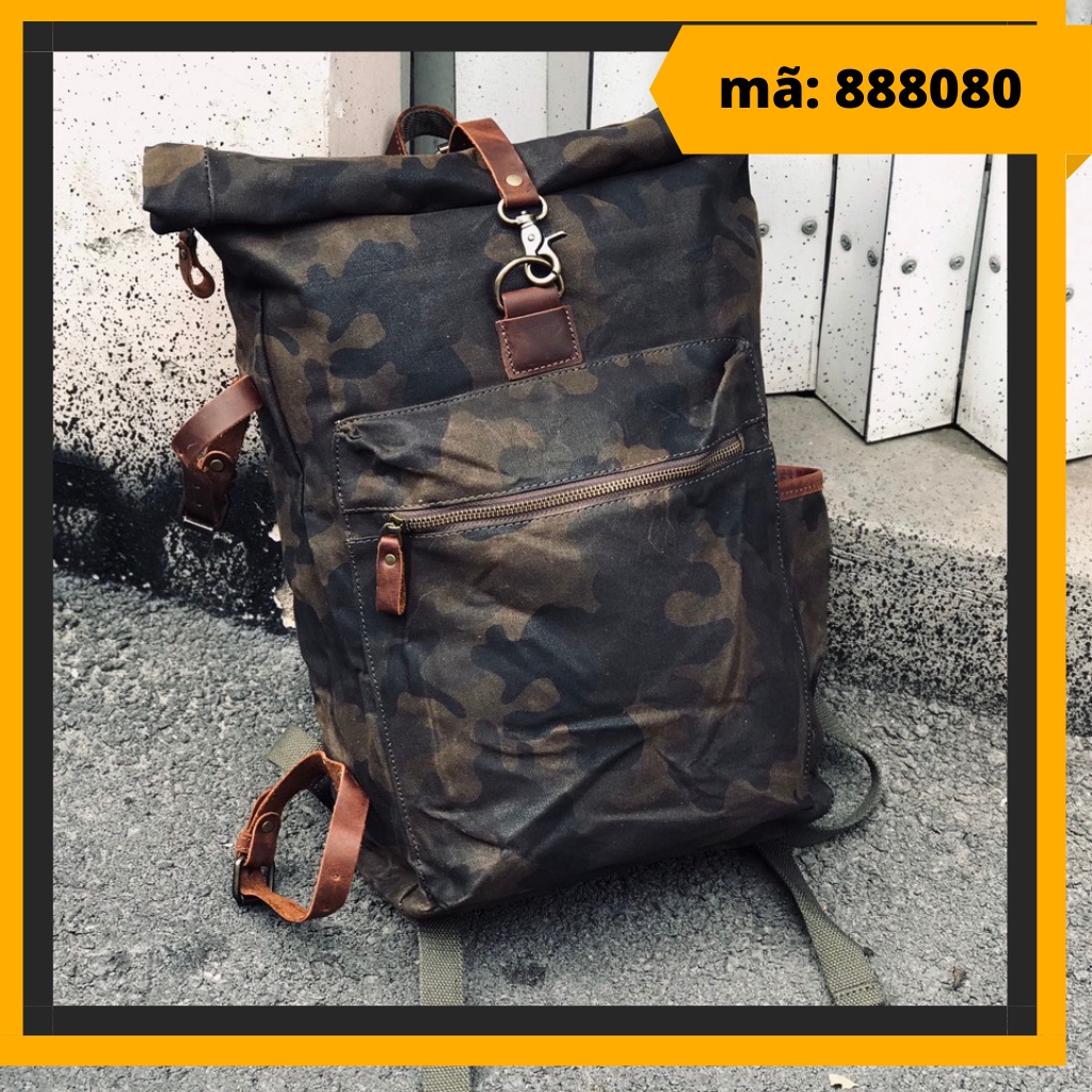 Balo rằn ri canvas lớn phối da cực chất dành cho biker và anh em chuộng phong cách lính cổ điển - mã 888080-N