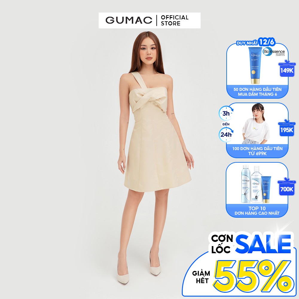 Đầm nữ sexy 8 mảnh nơ ngực GUMAC dáng ôm body màu nude cá tính DB484