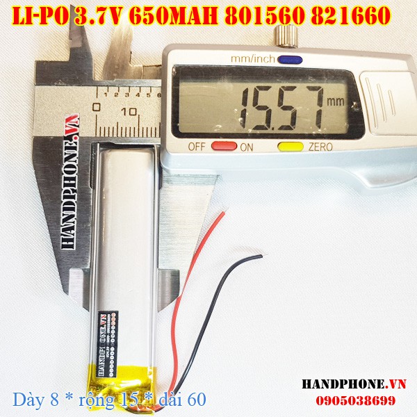 Pin Li-Po 3.7V 650mA 801560 821660 (Lithium Polyme) cho loa bluetooth, máy nội soi, bàn phím bluetooth, khóa vân tay