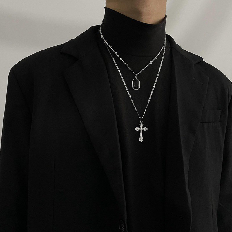 Vòng cổ mặt kim cương đen chữ thập 191099 nhiều lớp dây phong cách hip hop đường phố cá tính