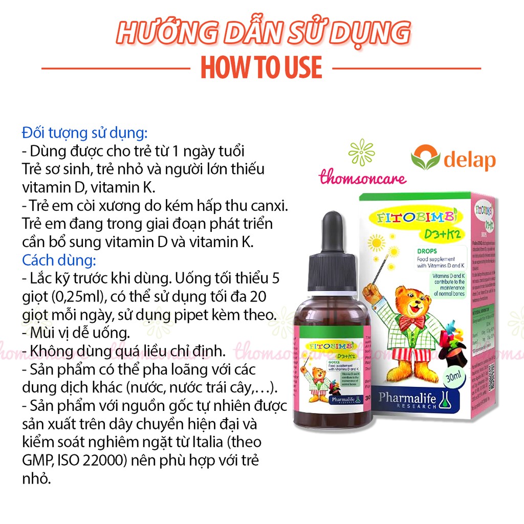 Fitobimbi D3 K2 Bổ sung D3 cho bé giúp hấp thụ canxi tối đa, dùng cho trẻ từ sơ sinh, nhập khẩu từ Fito Bimbi của Ý