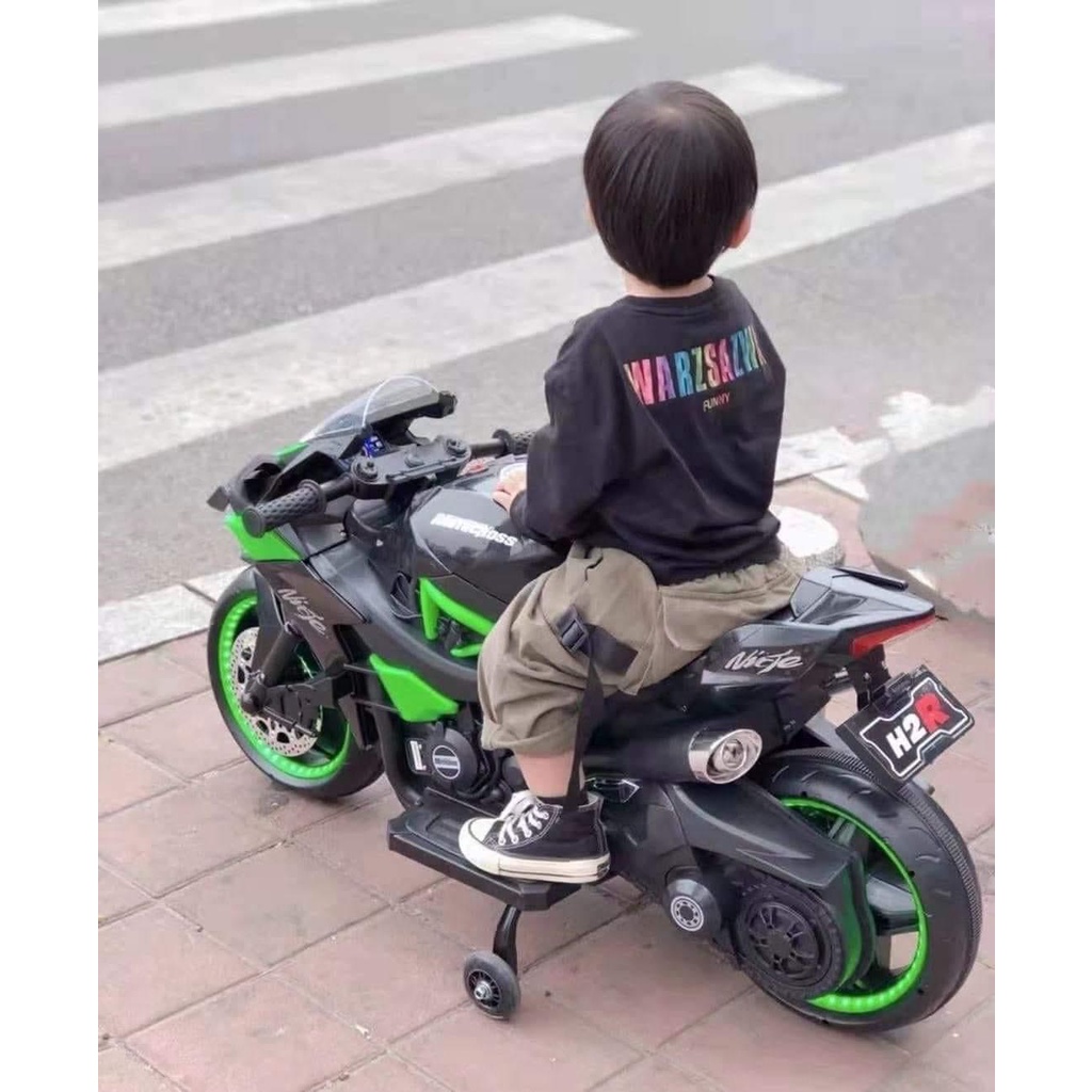 Xe máy điện cho bé xe máy điện trẻ em Ninja H2R siêu thể thao sử dụng chân ga bánh xe có đèn sáng