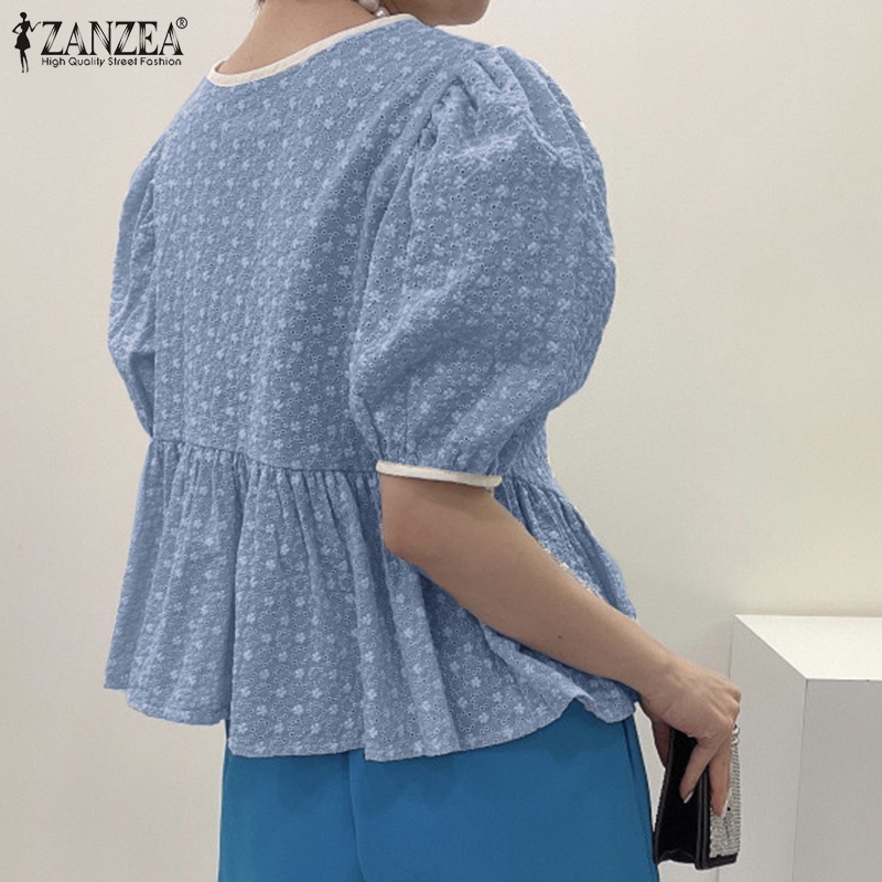 ZANZEA Áo Thun Nữ Tay Ngắn Phồng Cổ Tròn Thêu Hoa Thời Trang Hàn Quốc