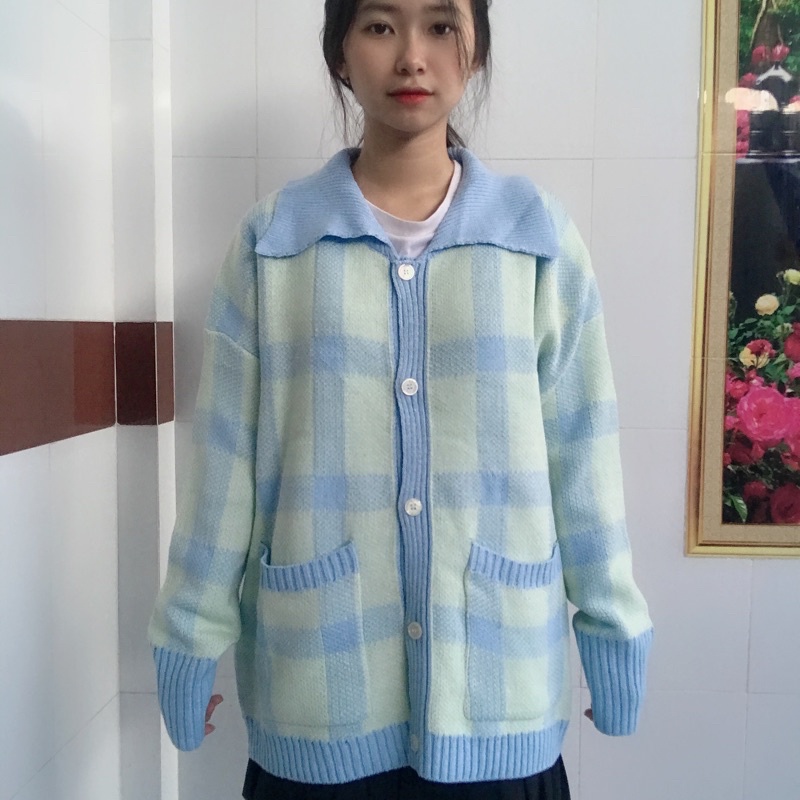 KHOÁC CARDIGAN CAO CẤP DÁNG THỤNG XANH CARO