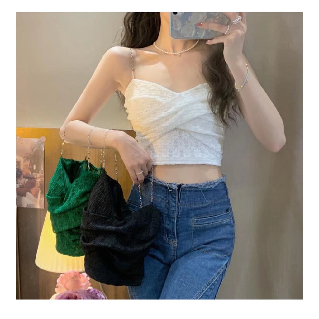 [Hana And Alice] Áo Hai Dây Có Mút Đệm Ngực Dáng Ngắn Phối Ren Quyến Rũ Thời Trang Cho Nữ