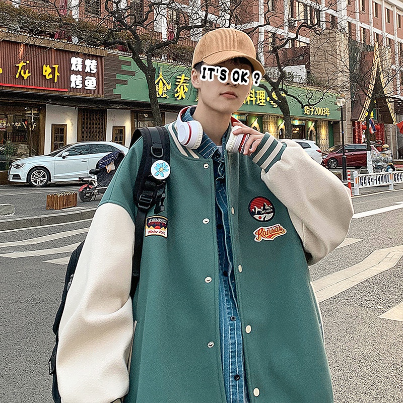 Áo khoác bóng chày cổ tròn 2 lớp thêu hình phong cách sành điệu cỡ M-5XL cho nam và nữ