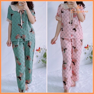 Bộ pyjama cộc dài tiểu thư cổ bèo xinh hồng xanh lụa mango vic - awi sleepwear