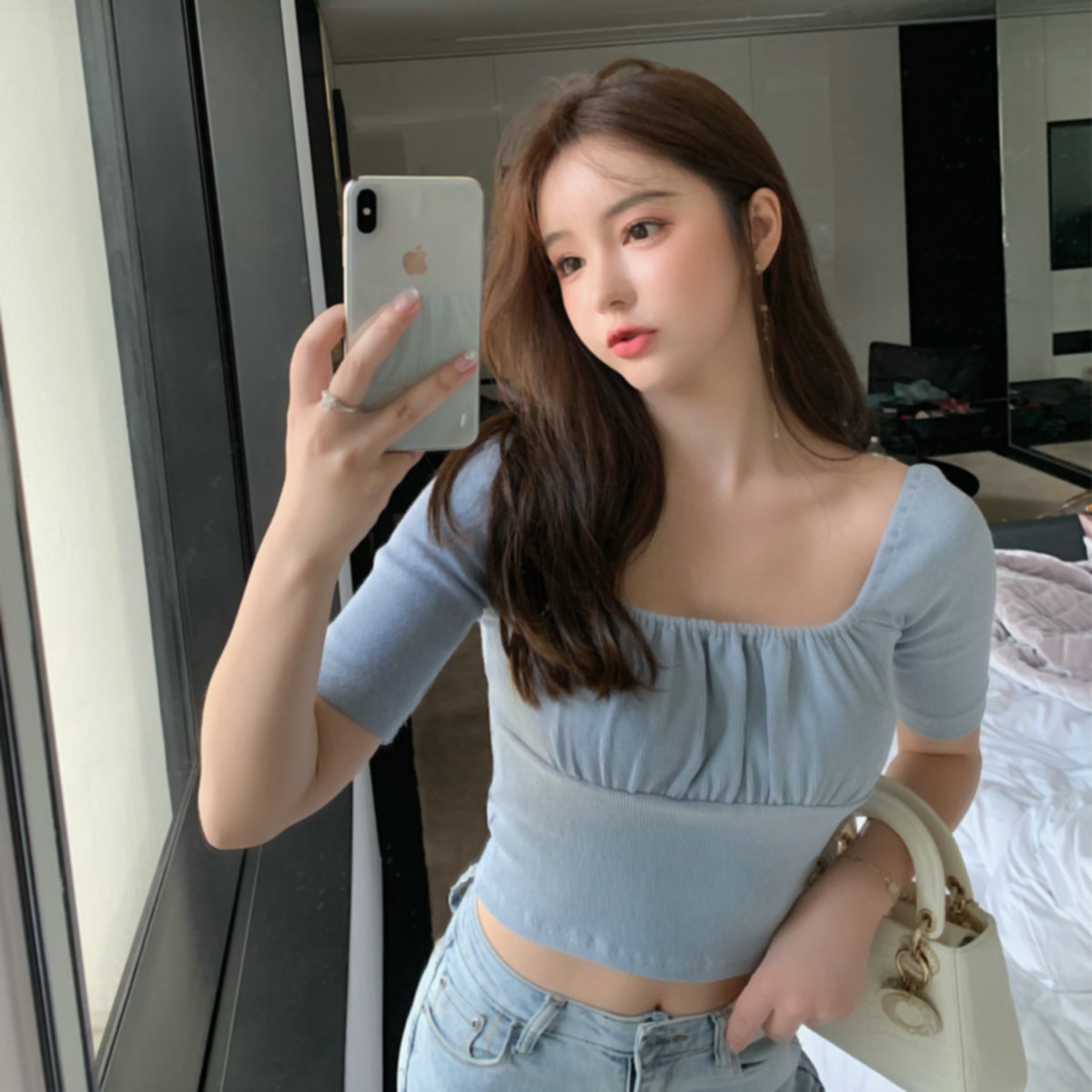 Women clothing fashion short sleeve crop top pure color short t-shirt blackpink style short top