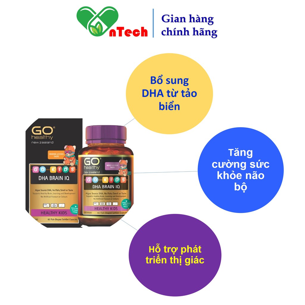 Bổ não Go Healthy DHA BRAIN IQ Tăng cường trí lực thị lực và hệ miễn dịch cho bé nhập khẩu New Zealand hộp 60 viên