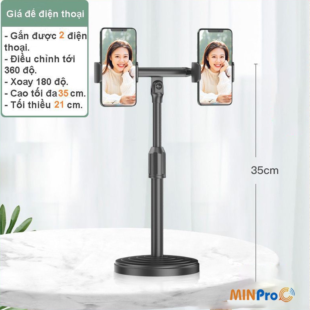 Giá đỡ điện thoại Microphone Stands 2 kẹp chống lưng 360, đế chân tròn để bàn livestream đa năng, tiện lợi MINPRO