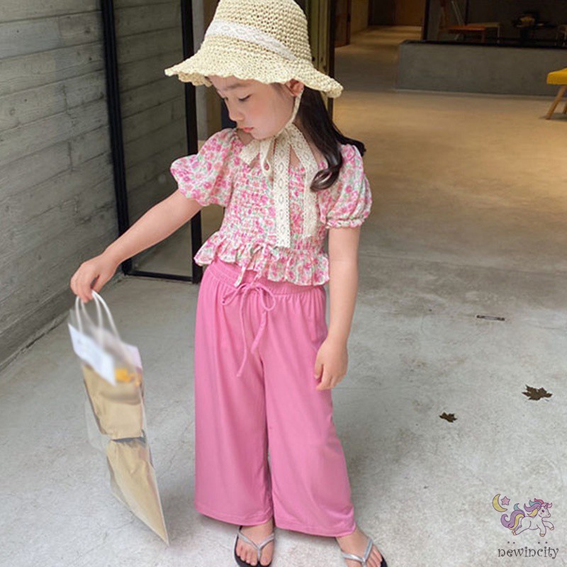 Set áo kiểu in hoa + quần dài ống rộng dành cho bé gái