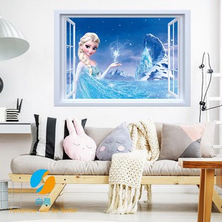Sticker giả hình cửa sổ 3D vẽ hình công chúa băng và tuyết trang trí phòng trẻ em/phòng ngủ/ký túc xá