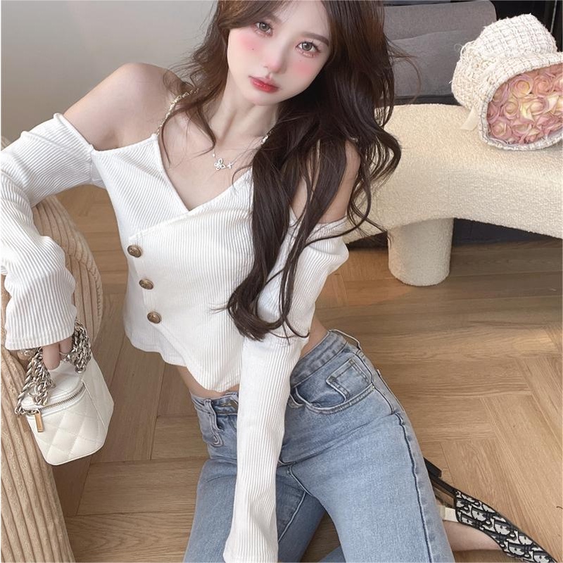 ZHELIHANGFEI Áo Croptop Dệt Kim Tay Dài Lưng Cao Thời Trang Quyến Rũ Cho Nữ