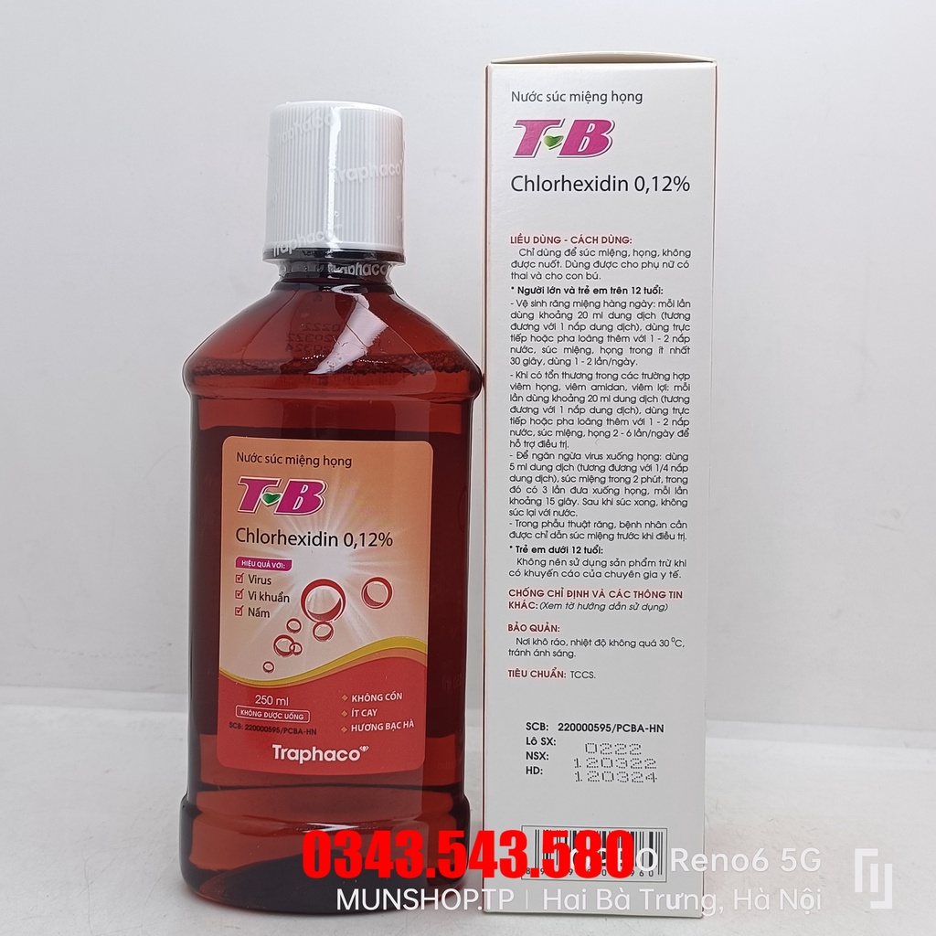 Nước súc miệng họng T-B Chlorhexidin 0,12% chai 250ml