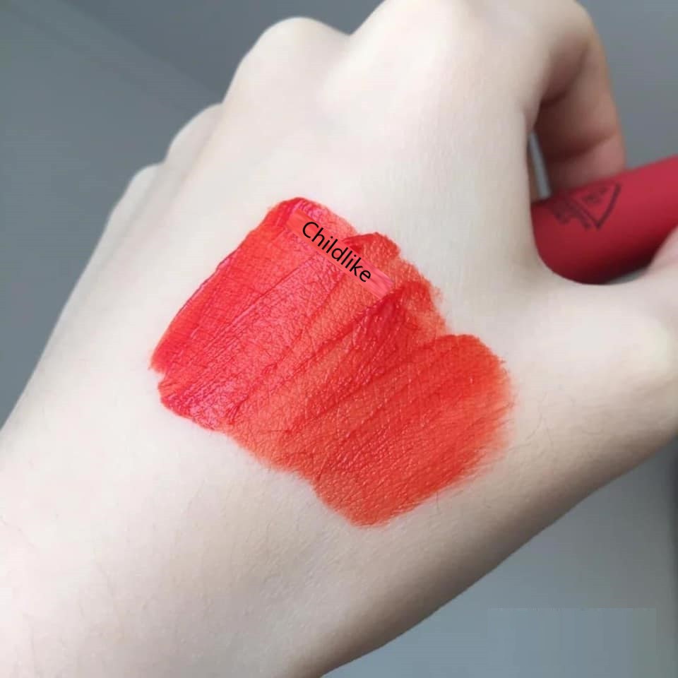 Son kem 3ce velvet lip tint màu Childlike đỏ cam.