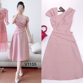 Váy suông hồng Cổ V vạt chéo V1155 - DVC thiết kế cao cấp (kèm ảnh sàn shop tự chụp)