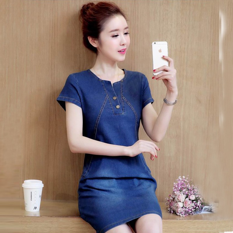 ĐẦM JEAN SUÔNG CỔ V PHỐI TÚI – MS: T1144 | BigBuy360 - bigbuy360.vn