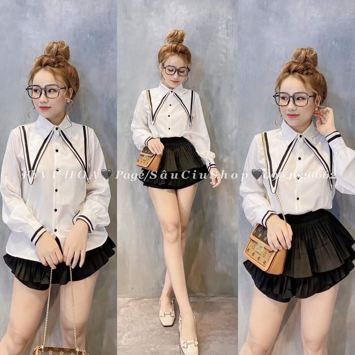 Sơ mi trắng nữ dài tay cổ nhọn phong cách Hàn Quốc cực đẹp