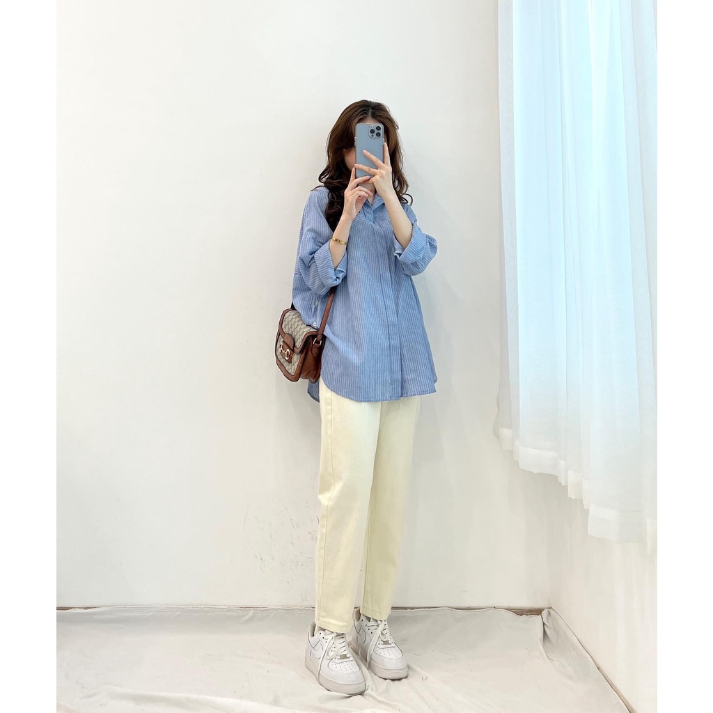 Aó sơ mi kẻ sọc cúc vạt phom to chùm mông siêu xinh | BigBuy360 - bigbuy360.vn