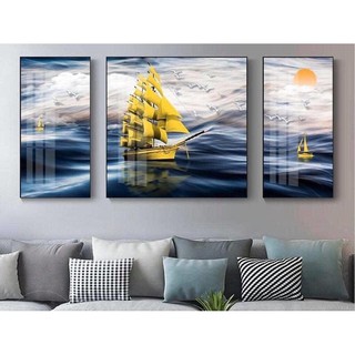 Tranh treo tường tráng gương thuyền buồm vàng và biển TNT411 (Tặng phụ kiện)