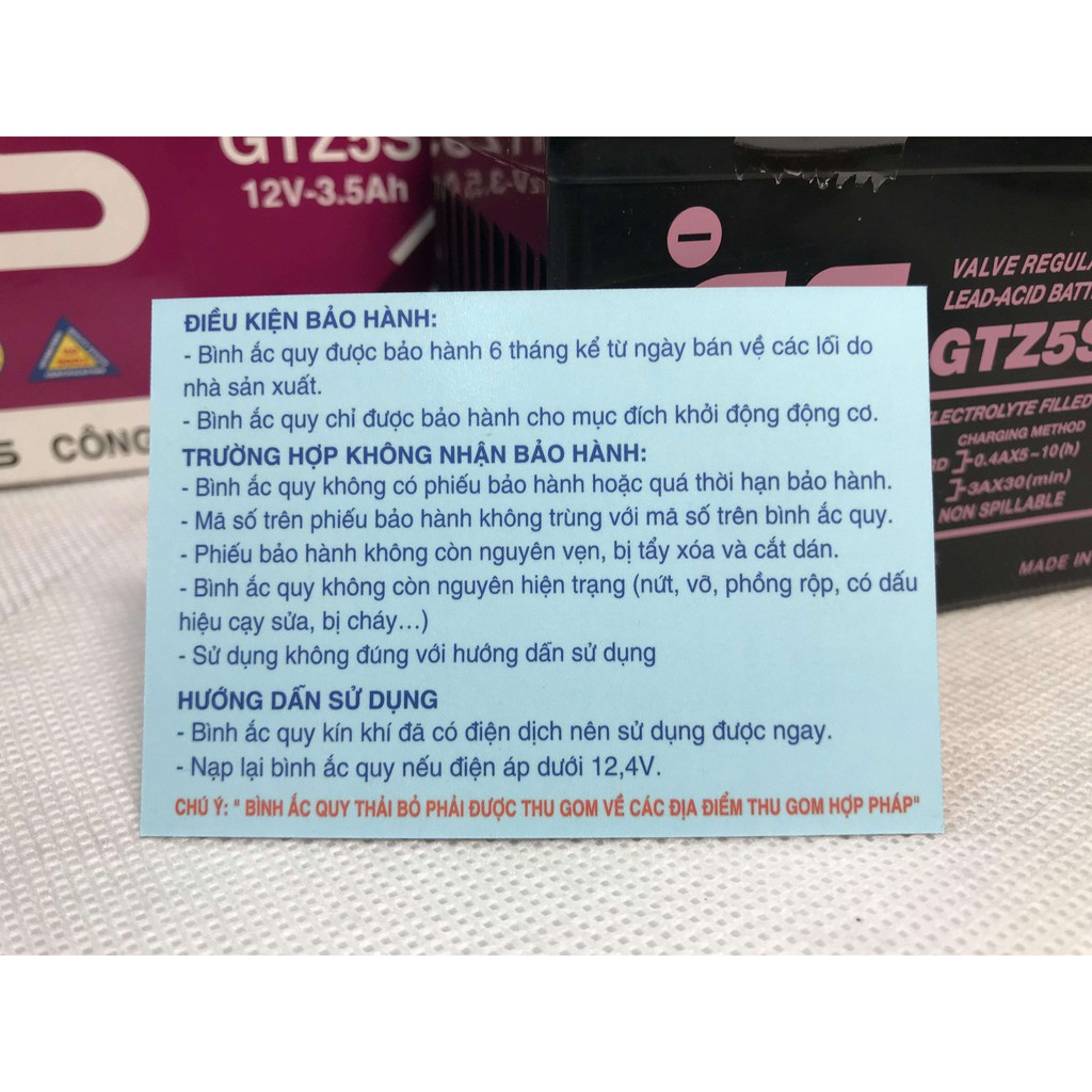 Bình Ắc Quy Khô GS GTZ5S Airblade110, Vision tới 2013, Future125, Wave a từ 2006, WRs, Exciter, Sirius Fi (12V-3.5Ah)