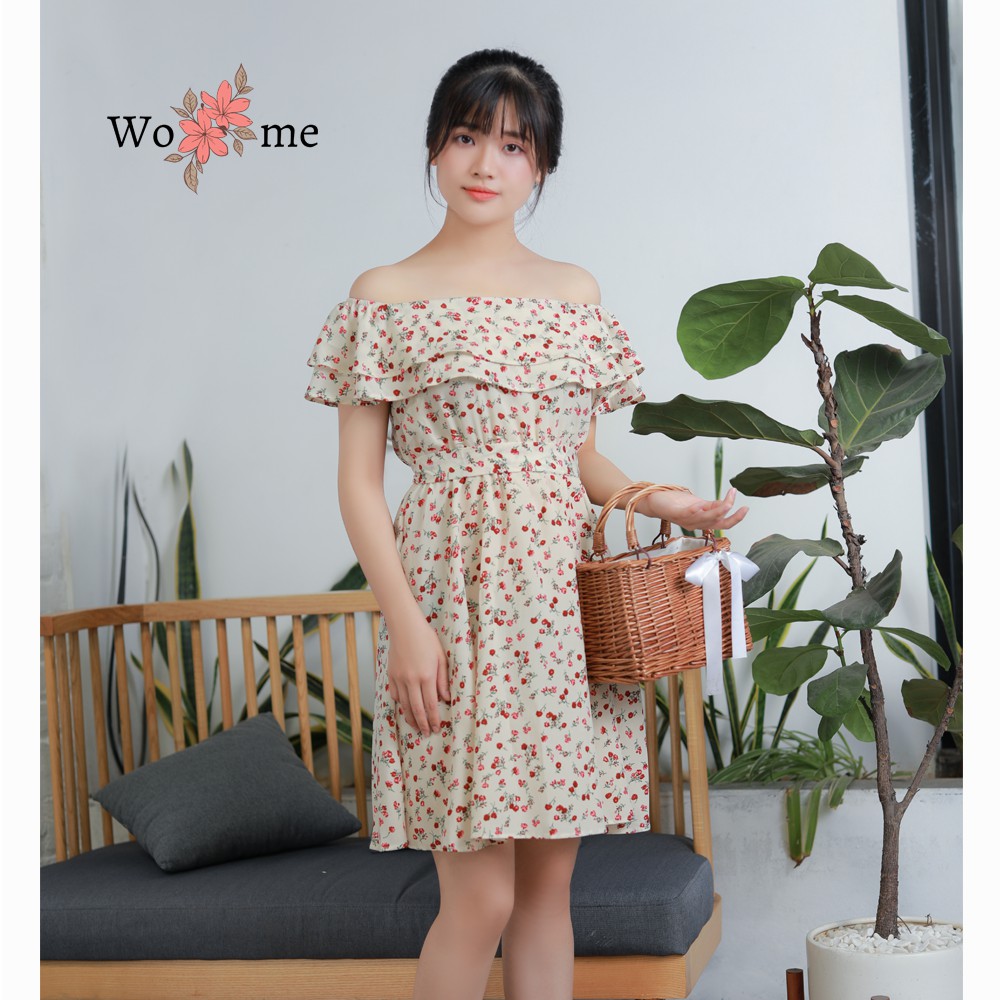 Váy đầm nữ dáng xòe hoa nhí trễ vai đầm đi biển, đi làm, đi chơi hàng cao cấp | BigBuy360 - bigbuy360.vn