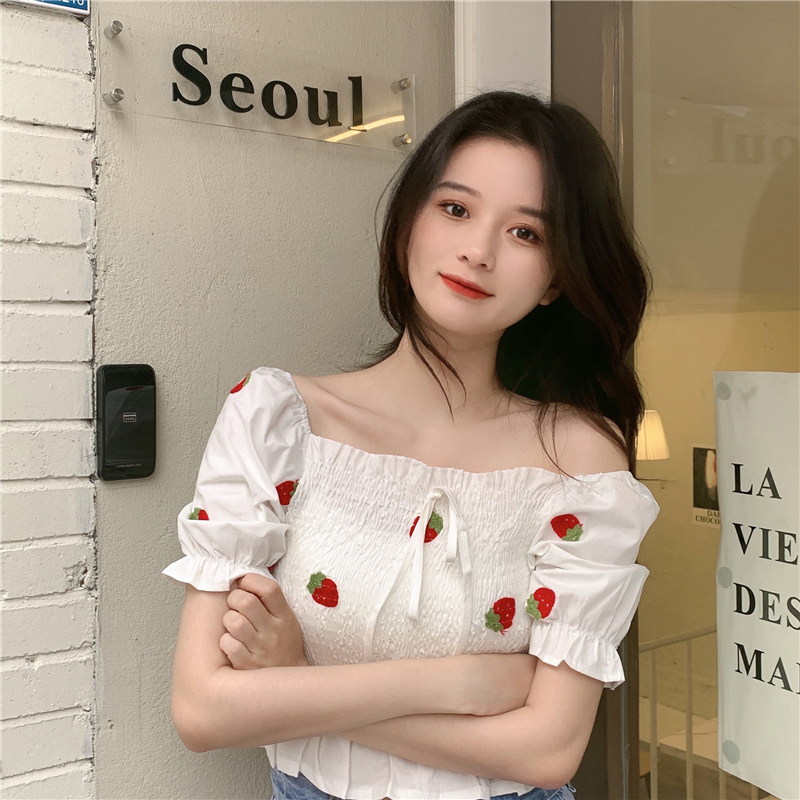 IELGY Áo Kiểu Tay Phồng Thêu Họa Tiết Trái Cây Thời Trang Dành Cho Nữ