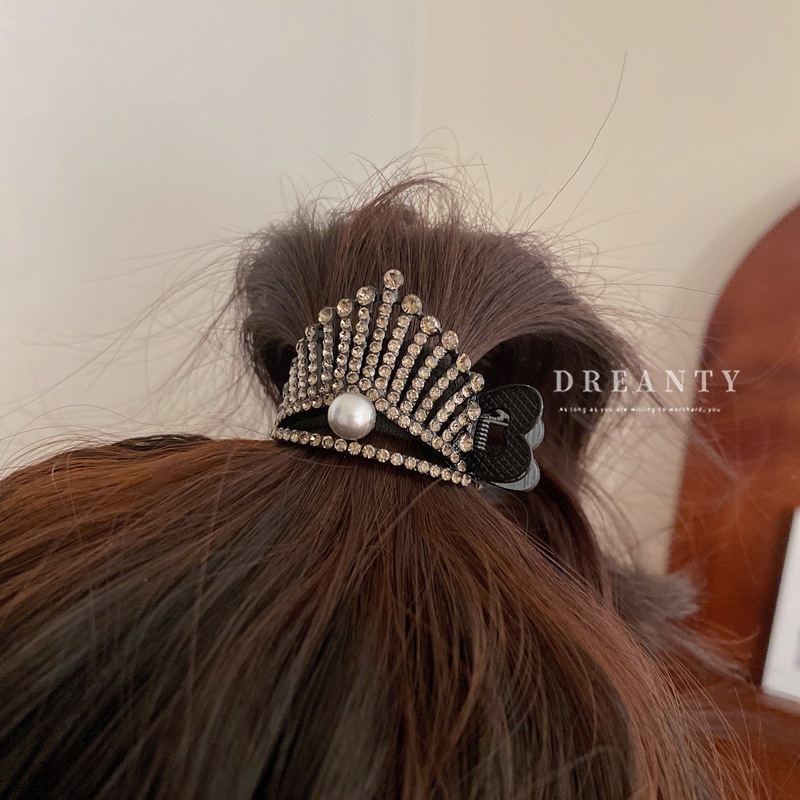 Kẹp Tóc Đuôi Ngựa Hình Vương Miện Bằng Kim Loại Đính Hạt Ngọc Trai Thời Trang