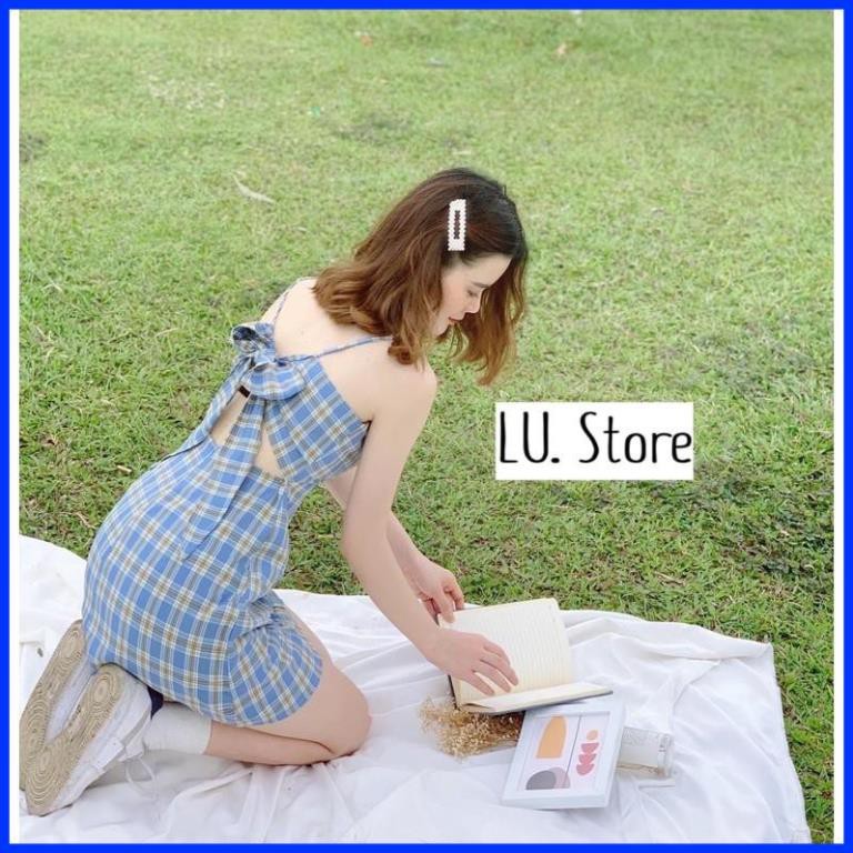 Đầm Kẻ 2 Dây Thiết Kế Cut-Out Buộc Nơ Lưng- Hàng Thiết Kế Cao Cấp made by TeamLu