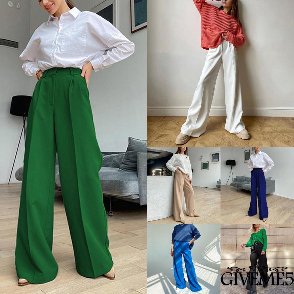 Quần ống rộng Lưng Cao Màu Sắc Đơn Giản Thời Trang Cho Nữ