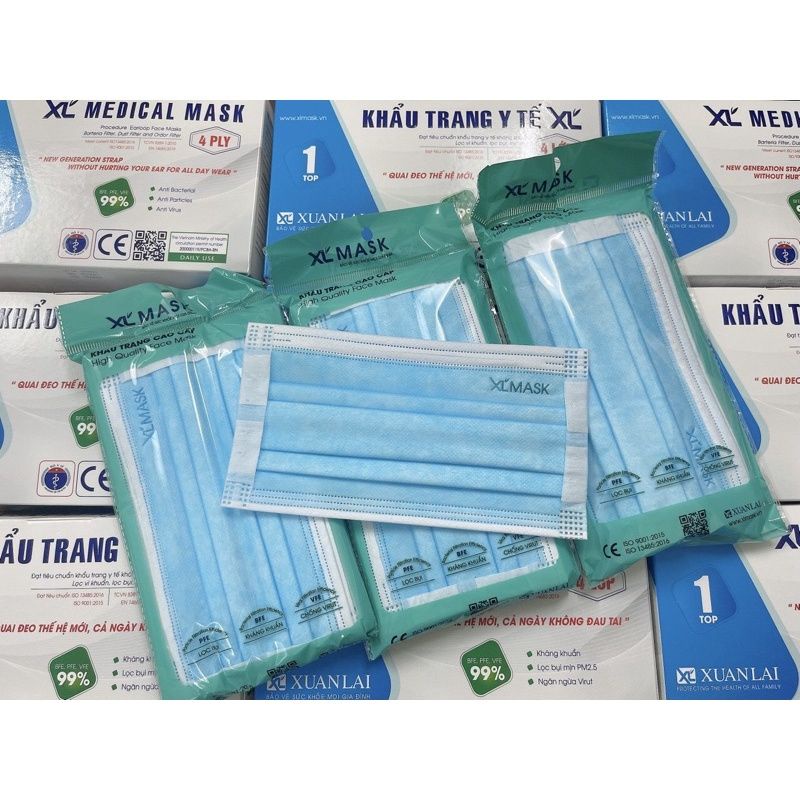Hộp 50 Chiếc, 1 gói 10  cái Khẩu Trang Y Tế 4 Lớp Kháng Khuẩn Chuẩn Xuân Lai Quai Đeo Không Đau Tai