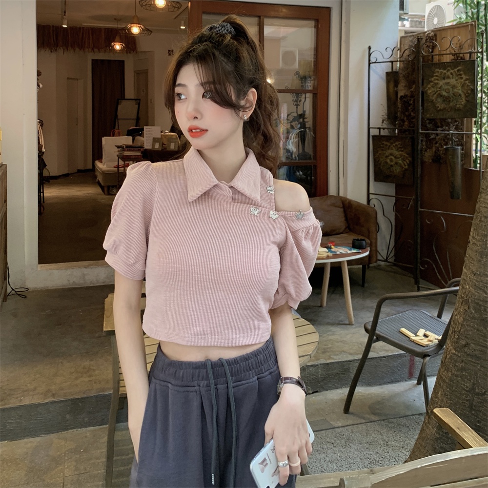 QOEDDV Áo polo Dệt Kim Tay Ngắn Hở Vai Dáng Ôm Phong Cách Hàn Quốc Thời Trang Cho Nữ