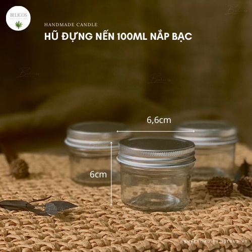 Cốc đựng nến thơm 100ml nắp bạc - Hũ thuỷ tinh trong suốt