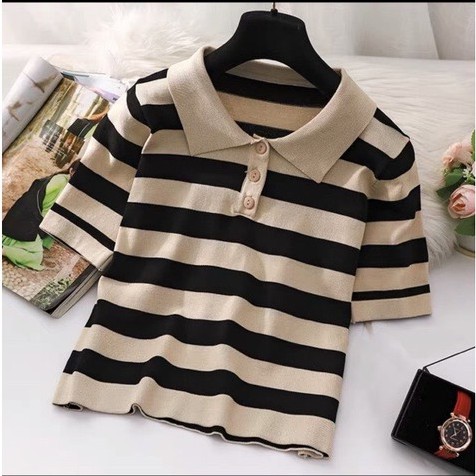 Áo len kẻ cổ đức khuy sau_Xưởng May Quang Anh