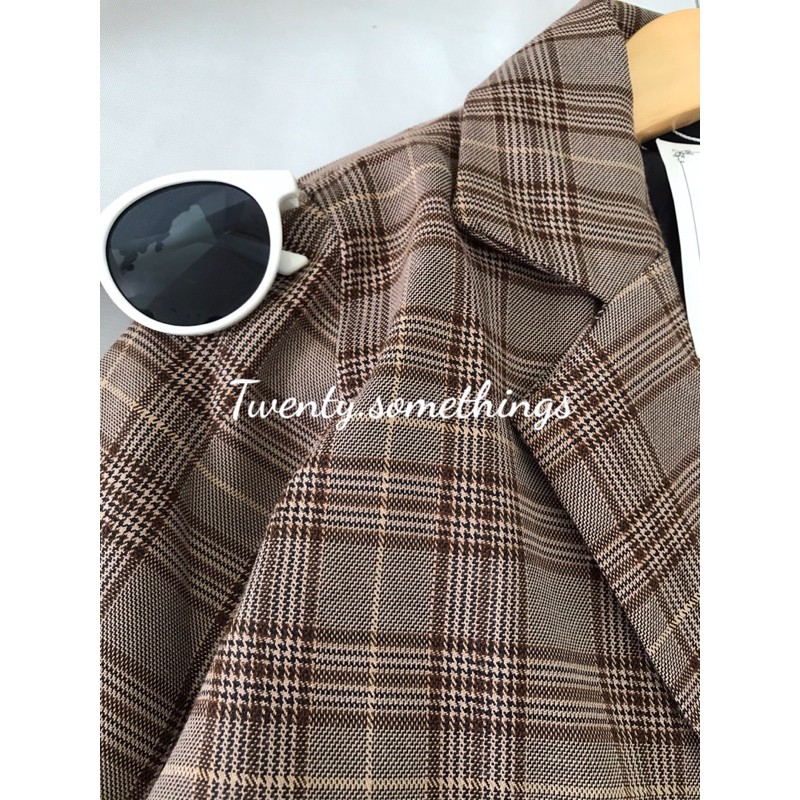 ÁO BLAZER KẺ NÂU VINTAGE 2 LỚP ( ảnh thật/ video/ sẵn)