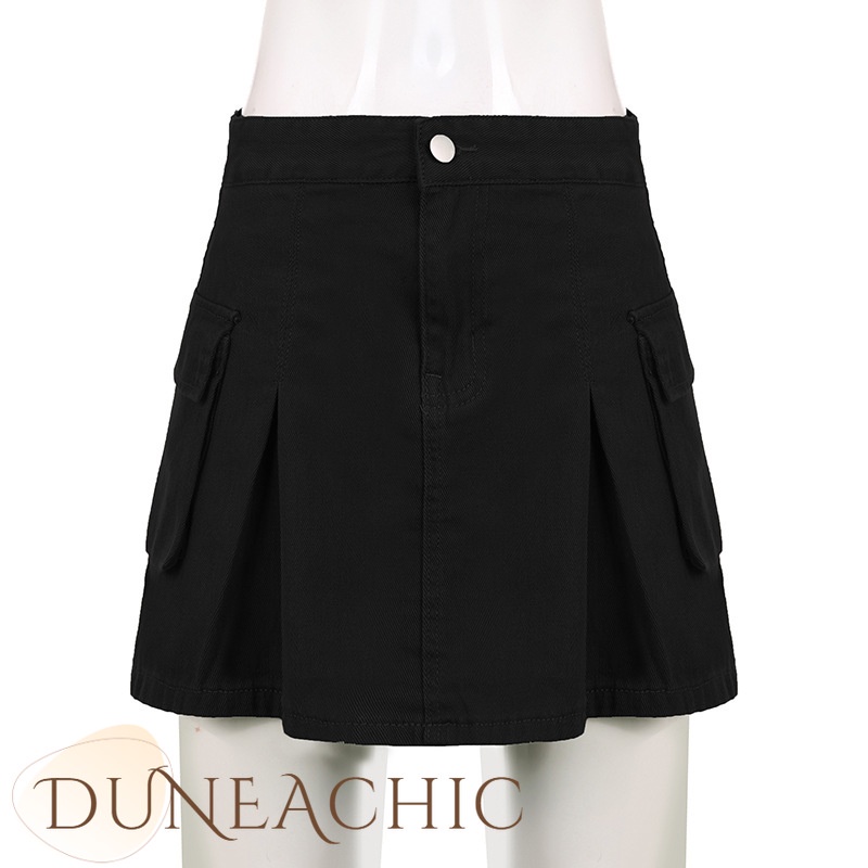 DUNEA Chân váy jean dáng chữ A lưng cao phối túi thời trang cá tính cho nữ