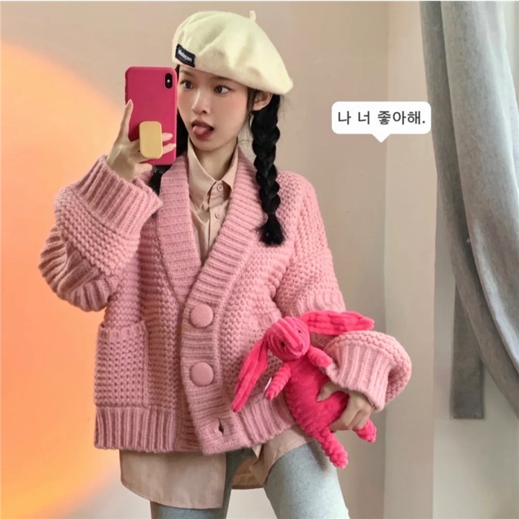 Áo Khoác Cardigan Cổ Chữ V Dáng Rộng Màu Hồng Thanh Lịch Thời Trang Dành Cho Nữ