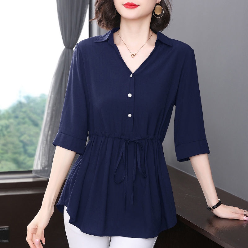Áo Sơ Mi Tay Ngắn Cổ Chữ V Dáng Rộng Thiết Kế Mới Cao Cấp Thời Trang Cho Nữ