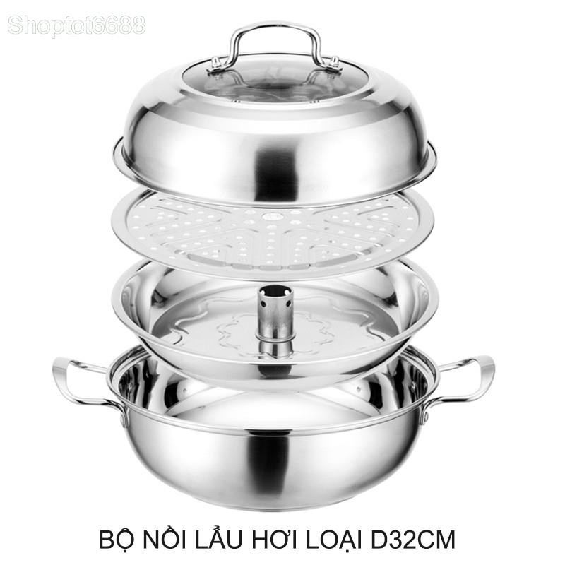 BỘ NỒI LẨU HƠI, NỒI HẤP ĐA NĂNG D32 BẰNG INOX DÙNG ĐƯỢC CHO BẾP TỪ, ĐÁY 3 LỚP (Kho hàng Hà nội)