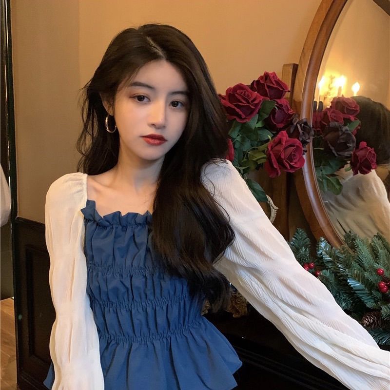 Áo chiffon cổ vuông dài tay dún bèo thời trang cho nữ