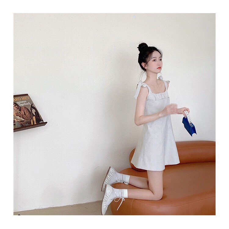 Đầm Nữ🍉váy nữ  Nơ Vai Rúm Ngực 🍉Váy 2 Dây Nữ Dáng Lỡ Chất Đũi 3 Màu thiết kế dây buộc dễ dàng điều chỉnh độ dài váy,xi