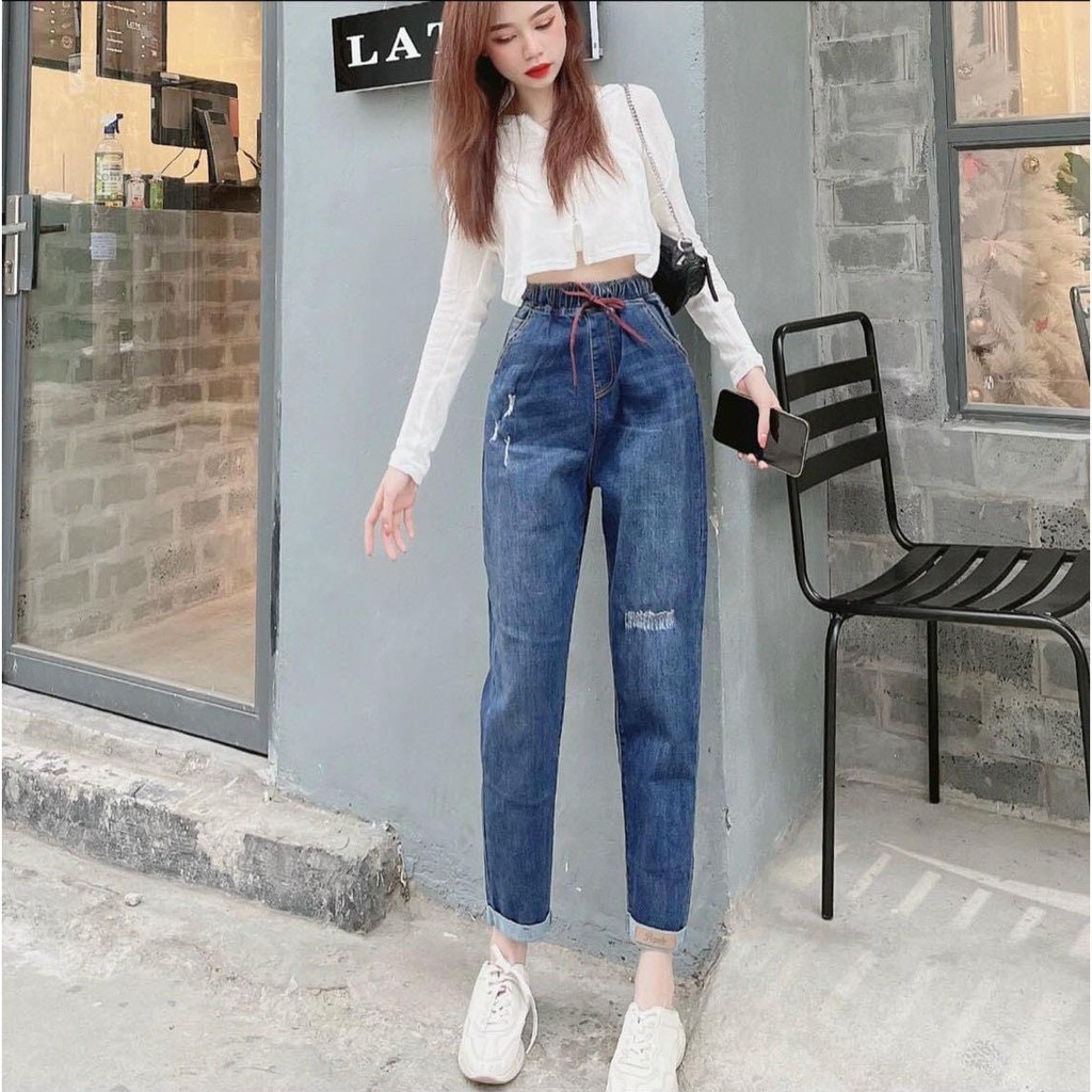 Quần bò nữ, Quần Baggy jean nữ lưng cao phong cách, Cạp quần cao vừa phải chất bò mịn đẹp GODO OUTFITS