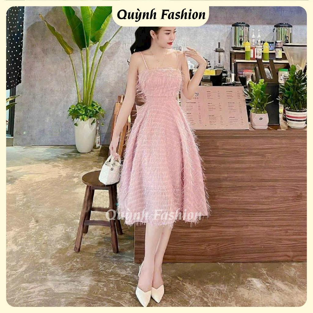 Đầm Lông Vũ Hai Dây Có Mút QUỲNH FASHION Chất Liệu Lông Vũ Cao Cấp Nữ Tính Có 3 Màu Lựa chọn