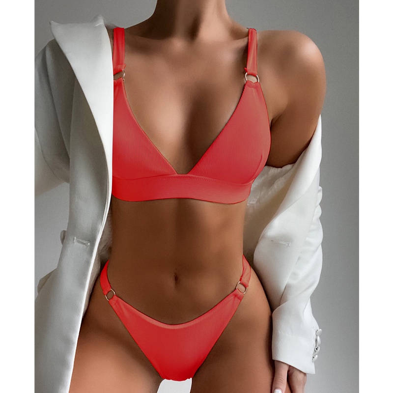 Mới Bộ Đồ Bơi Bikini Màu Trơn Có Gân Gợi Cảm Cho Nữ