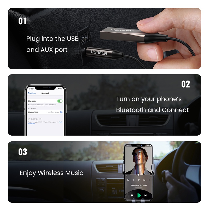 Thiết bị nhận tín hiệu âm thanh bluetooth 5.0 UGREEN có giắc cắm 3.5mm cho xe hơi