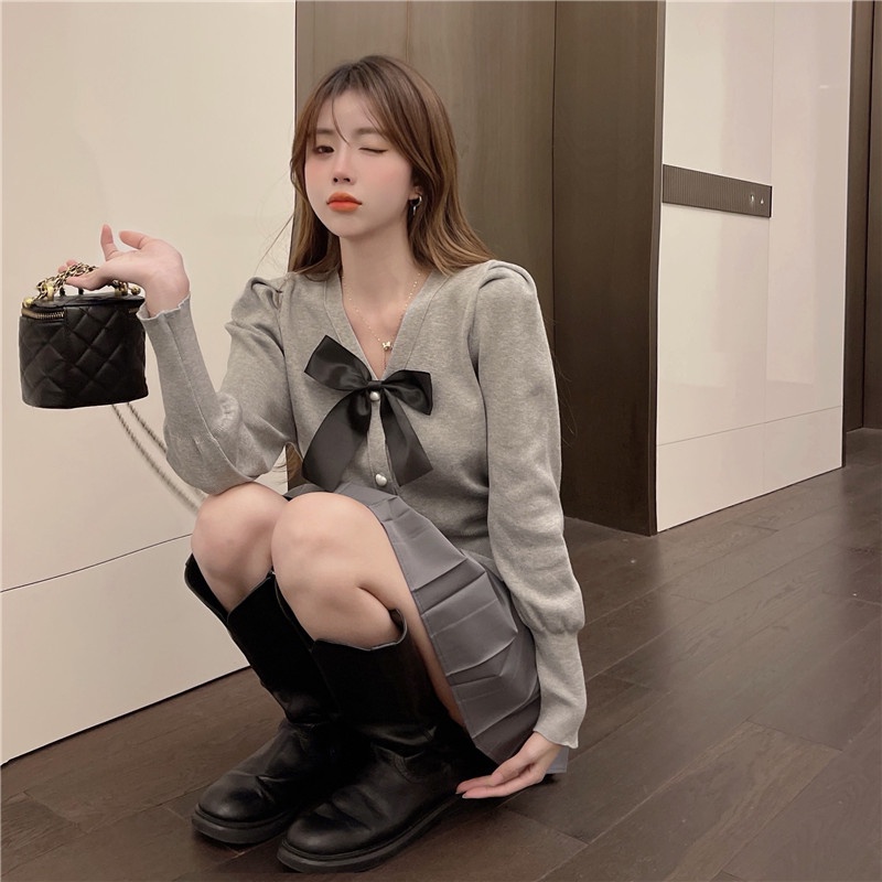 Áo khoác cardigan ZHELIHANGFEI dệt kim tay dài dáng ôm đính nơ xinh xắn thời trang