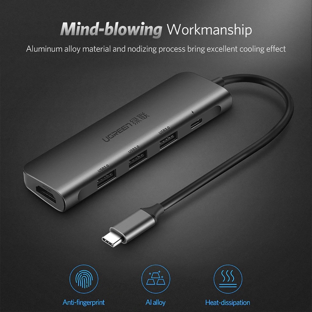 HUB 5 in 1 bộ chuyển USB Type C sang HDMI/USB 3.0 hỗ trợ sạc cổng USB Type C chính hãng Ugreen 50209