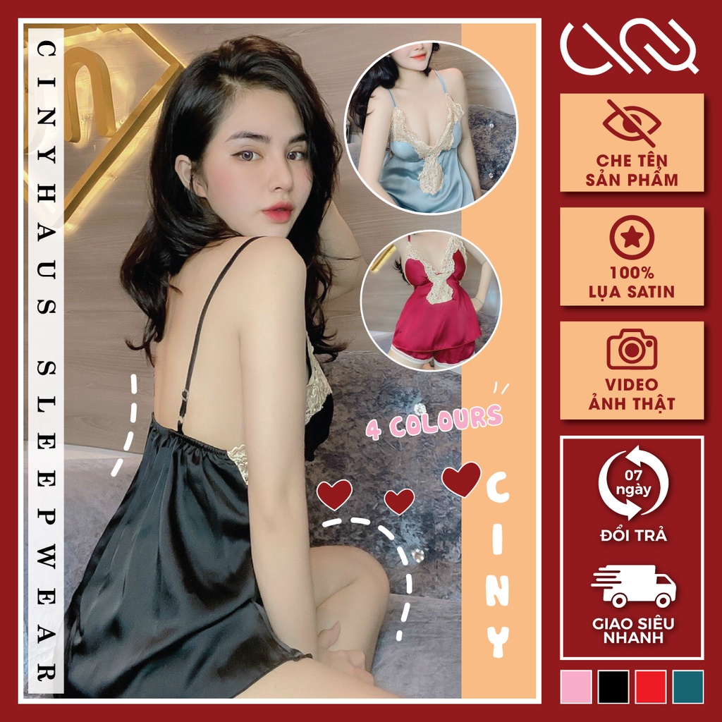 Đồ ngủ 2 dây phối ren có mút ngực gợi cảm mặc nhà chất lụa satin mềm mại thoáng mát Freesize - CN012 CINY