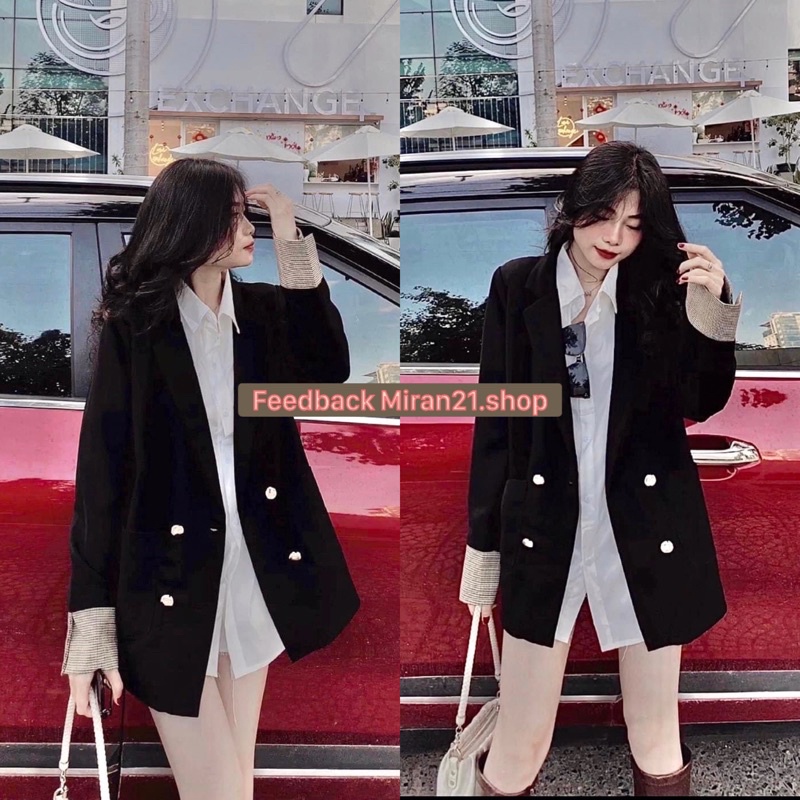 Áo Blazer Xuông Pha Kẻ Tay